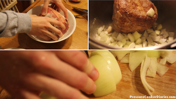 pot roast with onions Coat the roast, cook the onions
