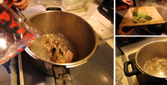 How to make chicken stock: add water veggies and boil